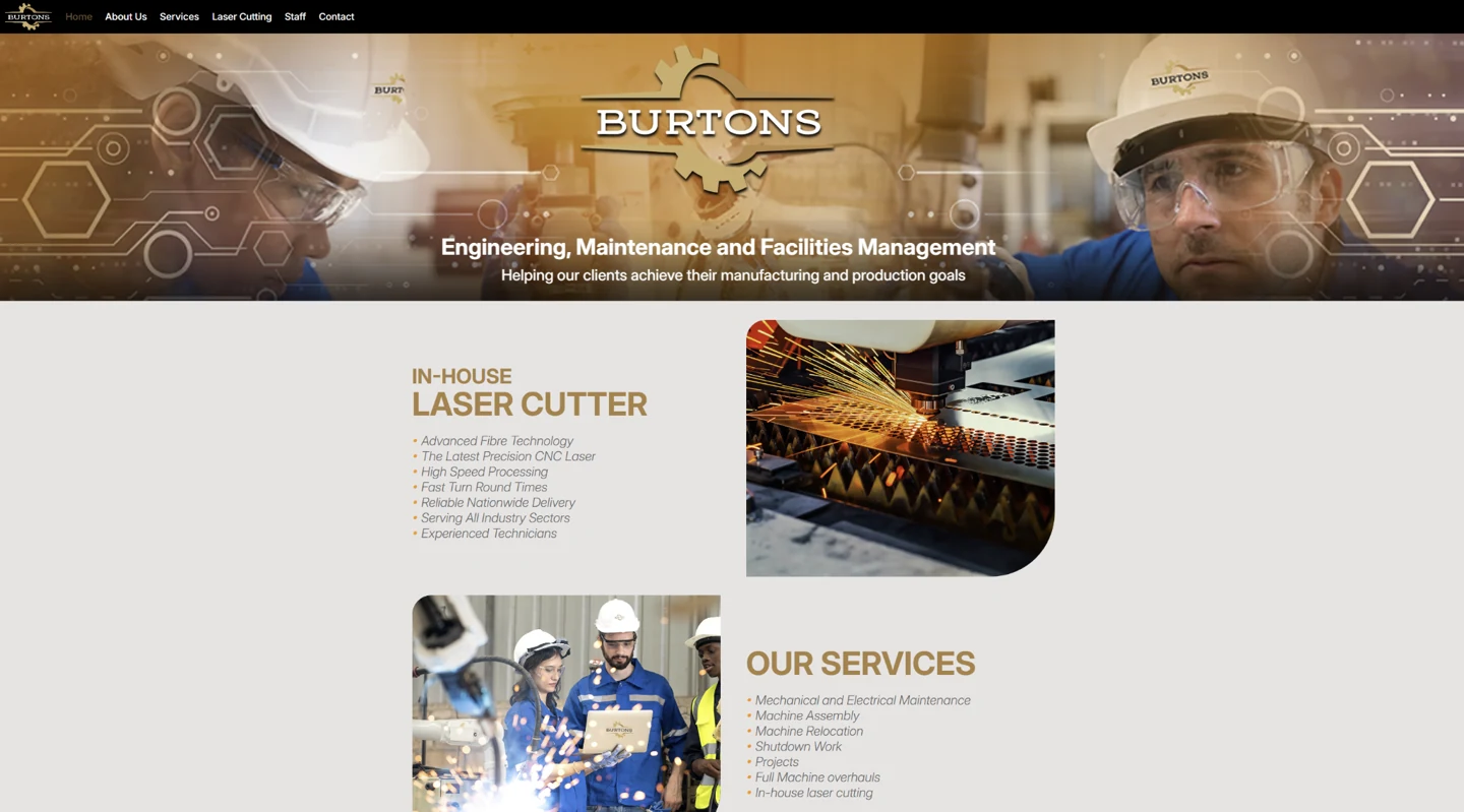 Burton Engineering homepage at desktop size