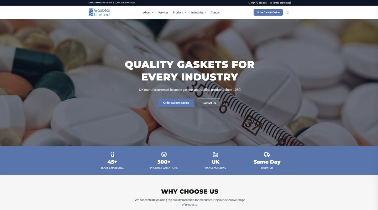 WR Gaskets homepage at desktop size