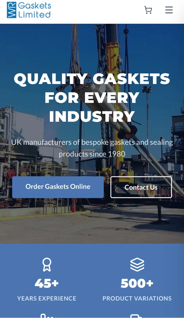 WR Gaskets homepage at mobile size